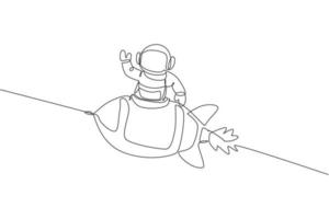 One continuous line drawing of spaceman astronaut science discovering cosmos galactic while waving hand from rocket. Exploration of outer space concept. Single line draw design vector illustration