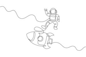 un dibujo de línea continua del astronauta astronauta ciencia descubriendo el cosmos galáctico con un cohete. exploración del cosmonauta del concepto del espacio exterior. Ilustración de vector de diseño de dibujo de línea única dinámica