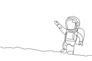 One continuous line drawing of young astronaut scientist exploring outer space in retro style. Spaceman cosmos discovery concept. Dynamic single line graphic draw design vector illustration