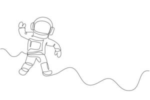 One continuous line drawing of young astronaut scientist exploring outer space in retro style. Spaceman cosmos discovery concept. Dynamic single line draw design graphic vector illustration