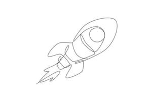 One continuous line drawing of simple retro spacecraft flying up to the outer space nebula. Rocket space ship launch into universe concept. Dynamic single line draw graphic design vector illustration