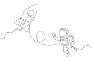 Single continuous line drawing of astronaut in spacesuit flying at outer space with rocket spacecraft. Science milky way astronomy concept. Trendy one line draw graphic design vector illustration