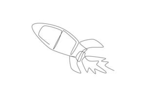 Single continuous line drawing rocket launch fly into the sky universe. Vintage spacecraft rocketship. Simple retro outer space vehicle concept. Trendy one line draw design graphic vector illustration