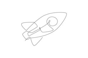 One single line drawing of simple vintage rocket takes off into the outer space vector graphic illustration. Exploration cosmos galactic with spaceship concept. Modern continuous line draw design