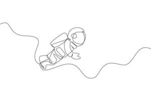 One single line drawing of young astronaut in spacesuit flying at outer space vector illustration. Spaceman adventure galactic space concept. Modern continuous line draw design graphic