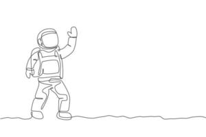 Single continuous line drawing of young cosmonaut scientist discovering spacewalk universe in vintage style. Astronaut cosmic traveler concept. Trendy one line draw graphic design vector illustration