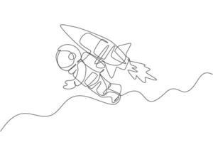 Single continuous line drawing astronaut in spacesuit flying at outer space with jetpack rocket spacecraft. Science milky way astronomy concept. Trendy one line draw design vector illustration graphic