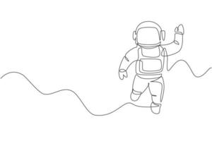 Single continuous line drawing of young cosmonaut scientist discovering spacewalk universe in vintage style. Astronaut cosmic traveler concept. Trendy one line draw graphic design vector illustration