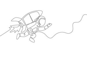 One continuous line drawing spaceman astronaut science discovering cosmos galactic with rocket jetpack. Exploration of outer space concept. Dynamic single line draw design vector graphic illustration