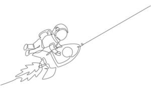 One continuous line drawing spaceman astronaut science discovering cosmos galactic while holding rocket. Cosmonaut at outer space concept. Dynamic single line draw design graphic vector illustration