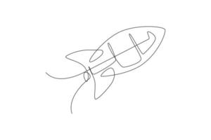 One continuous line drawing of simple retro spacecraft flying up to the outer space nebula. Rocket space ship launch into universe concept. Dynamic single line draw graphic design vector illustration