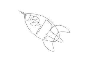 Single continuous line drawing rocket launch fly into the sky universe. Vintage spacecraft rocketship. Simple retro outer space vehicle concept. Trendy one line draw graphic design vector illustration