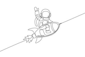 One single line drawing of astronaut in spacesuit floating and discovering deep space while sitting on rocket spaceship illustration. Exploring outer space concept. Modern continuous line draw design vector