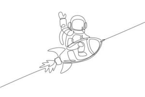 One single line drawing of astronaut in spacesuit floating and discovering deep space while sitting on rocket spaceship illustration. Exploring outer space concept. Modern continuous line draw design vector