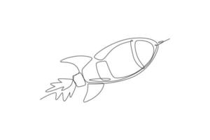 One continuous line drawing of simple retro spacecraft flying up to the outer space nebula. Rocket space ship launch into universe concept. Dynamic single line draw design graphic vector illustration