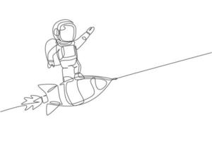 Single continuous line drawing of astronaut in spacesuit flying at outer space while standing on rocket spacecraft. Science milky way astronomy concept. Trendy one line draw design vector illustration