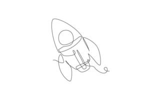 One continuous line drawing of simple retro spacecraft flying up to the outer space nebula. Rocket space ship launch into universe concept. Dynamic single line draw design vector illustration graphic