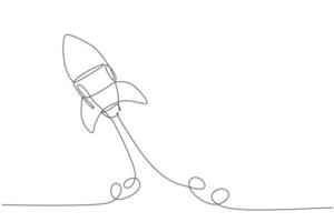 One continuous line drawing of simple retro spacecraft flying up to the outer space nebula. Rocket space ship launch into universe concept. Dynamic single line draw design vector graphic illustration