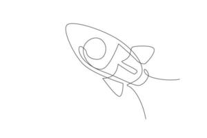 Single continuous line drawing rocket launch fly into the sky universe. Vintage spacecraft rocketship. Simple retro outer space vehicle concept. Trendy one line draw design vector illustration graphic