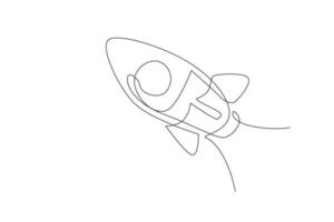 Single continuous line drawing rocket launch fly into the sky universe. Vintage spacecraft rocketship. Simple retro outer space vehicle concept. Trendy one line draw design vector illustration graphic