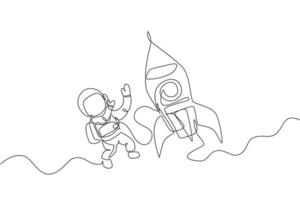 One continuous line drawing of spaceman astronaut science discovering cosmos galactic with rocket. Cosmonaut exploration of outer space concept. Dynamic single line draw design vector illustration