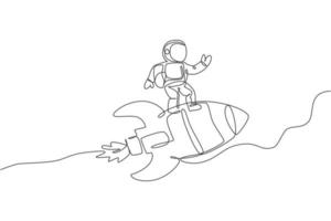 One single line drawing of astronaut in spacesuit flying and discovering deep space while standing on rocket spaceship illustration. Exploring outer space concept. Modern continuous line draw design vector