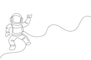 One continuous line drawing of young astronaut scientist exploring outer space in retro style. Spaceman cosmos discovery concept. Dynamic single line draw design graphic vector illustration