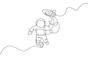 One continuous line drawing of waving hand spaceman astronaut science discovering cosmos galactic with rocket. Cosmonaut in outer space concept. Dynamic single line draw design vector illustration