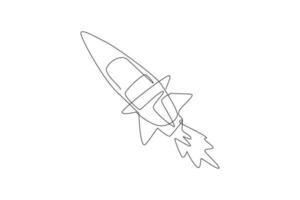 One continuous line drawing of simple retro spacecraft flying up to the outer space nebula. Rocket space ship launch into universe concept. Dynamic single line draw design vector graphic illustration