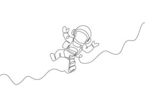 One continuous line drawing of young astronaut scientist exploring outer space in retro style. Spaceman cosmos discovery concept. Dynamic single line draw graphic design vector illustration