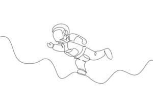 One single line drawing of young astronaut in spacesuit flying at outer space vector graphic illustration. Spaceman adventure galactic space concept. Modern continuous line draw design