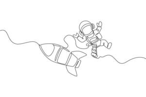 Single continuous line drawing of astronaut in spacesuit flying at outer space with rocket spacecraft. Science milky way astronomy concept. Trendy one line draw design vector graphic illustration