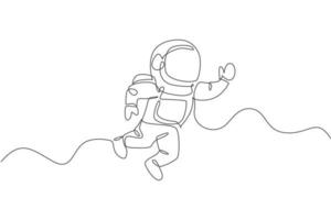 One continuous line drawing of young astronaut scientist exploring outer space in retro style. Spaceman cosmos discovery concept. Dynamic single line draw design vector graphic illustration