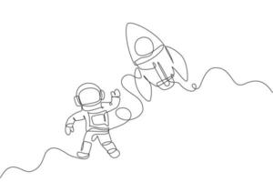Single continuous line drawing of astronaut in spacesuit flying at outer space with rocket spacecraft. Science milky way astronomy concept. Trendy one line draw graphic design vector illustration