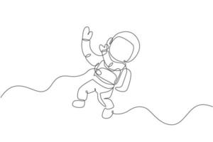 Single continuous line drawing of young cosmonaut scientist discovering spacewalk universe in vintage style. Astronaut cosmic traveler concept. Trendy one line draw graphic design vector illustration