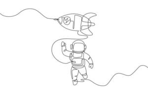 One single line drawing of astronaut in spacesuit waving hand and discovering deep space with rocket spaceship vector illustration. Exploring outer space concept. Modern continuous line draw design