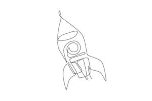 Single continuous line drawing rocket launch fly into the sky universe. Vintage spacecraft rocketship. Simple retro outer space vehicle concept. Trendy one line draw design graphic vector illustration