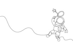 One continuous line drawing of cosmonaut exploring outer space. Astronaut hitting star with racket. Fantasy cosmic galaxy discovery concept. Dynamic single line draw graphic design vector illustration