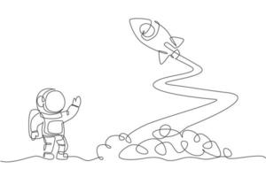 One continuous line drawing of spaceman astronaut science on moon waving hand to launching rocket. Cosmonaut exploration of outer space concept. Dynamic single line draw design vector illustration