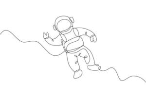 dibujo de una sola línea continua del joven científico cosmonauta que descubre el universo de la caminata espacial en estilo vintage. concepto de viajero cósmico astronauta. Ilustración gráfica de vector de diseño de dibujo de una línea de moda