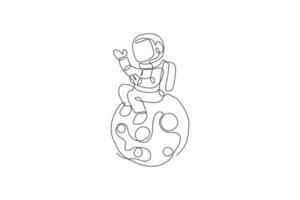 One continuous line drawing of cosmonaut exploring outer space. Astronaut sitting on full moon. Fantasy cosmic galaxy discovery concept. Dynamic single line draw design vector graphic illustration