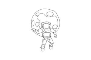 One single line drawing of space man astronaut exploring cosmic galaxy, flying in front of full moon vector illustration. Fantasy outer space life fiction concept. Modern continuous line draw design