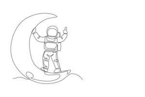 One continuous line drawing cosmonaut exploring outer space. Astronaut standing on crescent moot. Fantasy cosmic galaxy discovery concept. Dynamic single line draw design graphic vector illustration