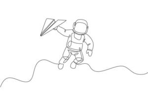 One continuous line drawing of cosmonaut exploring outer space. Astronaut holding paper plane. Fantasy cosmic galaxy discovery concept. Dynamic single line draw design vector illustration graphic