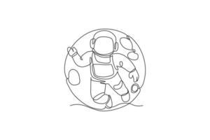 Single continuous line drawing of floating science astronaut in spacewalk flying against full moon. Fantasy deep space exploration, fiction concept. Trendy one line draw design vector illustration