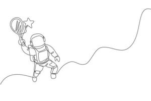 Single continuous line drawing of floating science astronaut in spacewalk hitting star using racket. Fantasy deep space exploration, fiction concept. Trendy one line draw design vector illustration