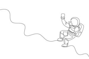 Single continuous line drawing of floating science astronaut in spacewalk pose selfie using smartphone. Fantasy deep space exploration, fiction concept. Trendy one line draw design vector illustration