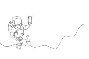 One single line drawing of space man astronaut exploring cosmic galaxy, pose selfie with mobile phone vector illustration. Fantasy outer space life fiction concept. Modern continuous line draw design