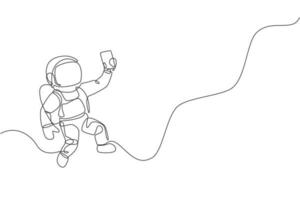 One continuous line drawing of cosmonaut exploring outer space. Astronaut selfie using smartphone device. Fantasy cosmic galaxy discovery concept. Dynamic single line draw design vector illustration