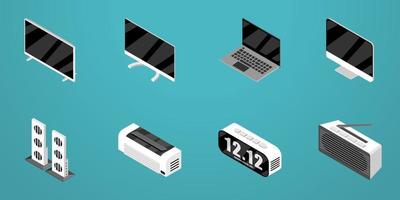 Set of isometric icon design for electronic, TV, Monitor, Desktop, Laptop, Sound Bar, AC, Radio, Clock vector